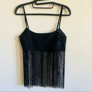 OLIVACEOUS Black Silk Floral Embroidery Crop Top with Fringe